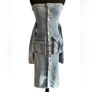 My Boo Strapless Denim Button Front Raw Hem Utility Pocket Dress Size Medium